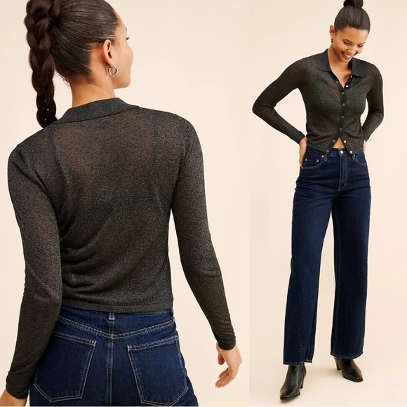 ROLLA’S Caroline Lurex Knit Sheer Shimmer Collared Sweater Black Size Medium NEW - Picture 1 of 8
